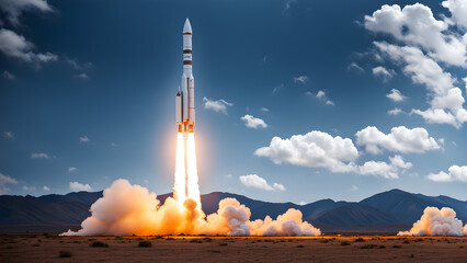 A rocket being launched against a blue sky background, manned spaceflight, science and technology, aerospace, space exploration - obrazy, fototapety, plakaty
