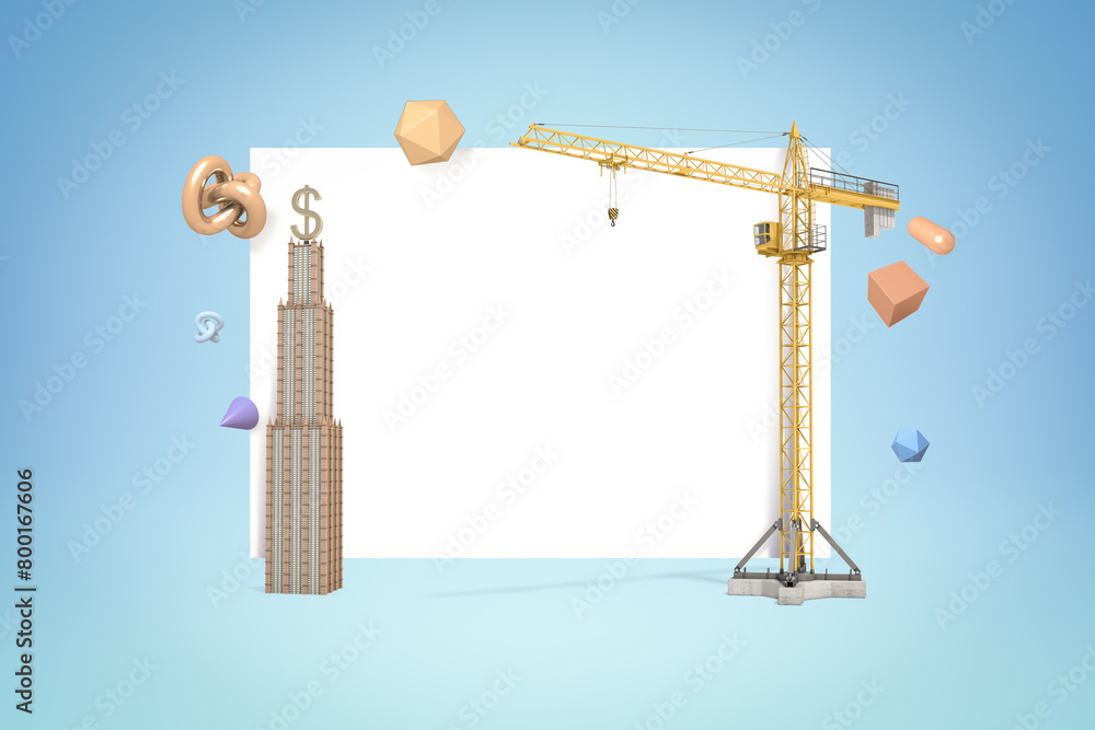 Poster 3d rendering of white copy space surrounded with geometric shapes, skyscraper and building crane