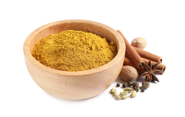 Dry curry powder in bowl and other spices isolated on white