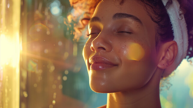 A headshot of a beautiful biracial lady after her morning skincare routine against a vibrant and colourful backdrop. self-care and rejuvenation - Powered by Adobe
