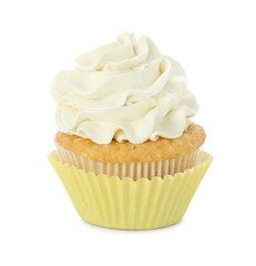 Tasty vanilla cupcake with cream isolated on white