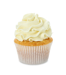 Tasty vanilla cupcake with cream isolated on white