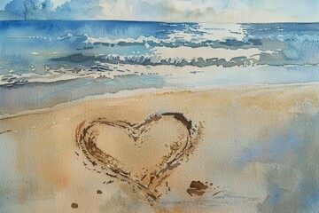 Watercolor painting of sea, sand and wind on vacation. Draw a heart shape on the sandy beach.
 Use for wallpapers, posters, postcards, brochures.