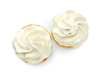 Tasty vanilla cupcakes with cream isolated on white, top view
