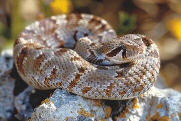 Obraz premium Western Diamondback Rattlesnake: Coiled in a defensive posture, rattling its tail, emphasizing danger. 