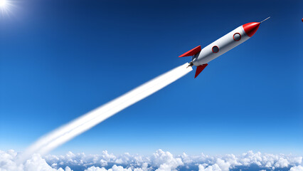 A rocket being launched against a blue sky background, manned spaceflight, science and technology, aerospace, space exploration - obrazy, fototapety, plakaty