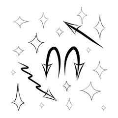 Stars and arrows of different shapes on a white background, in Doodle style, vector illustration