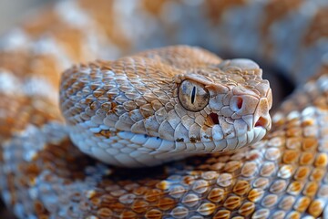 Fototapeta premium Western Diamondback Rattlesnake: Coiled in a defensive posture, rattling its tail, emphasizing danger. 