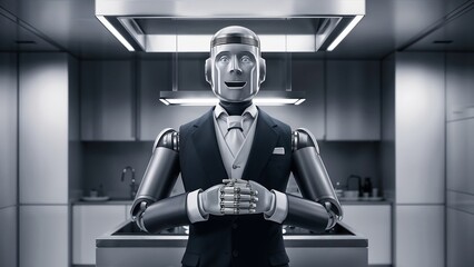 Sophisticated robotic butler in modern kitchen with professional attire, representing advanced home automation and AI service in domestic settings