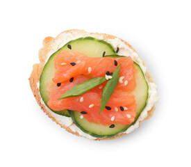 Tasty canape with salmon, cucumber and cream cheese isolated on white, top view
