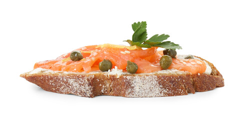 Tasty canape with salmon, capers and cream cheese isolated on white