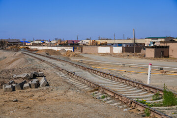 Railway in an industrial area of Nukus, the capital of Karakalpakstan in western Uzbekistan, Central Asia