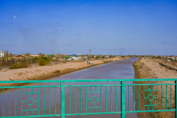 Majyab Canal as seen from the Kattagar Bridge in the city center of Nukus, the capital of Karakalpakstan in western Uzbekistan, Central Asia