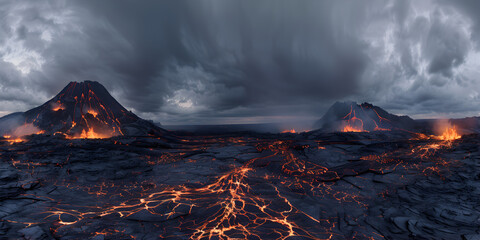 Eruption At Night Glowing Lava Eerie Beauty mountains dark landscape with sky on background.