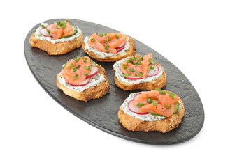 Tasty canapes with salmon, cucumber, radish and cream cheese isolated on white