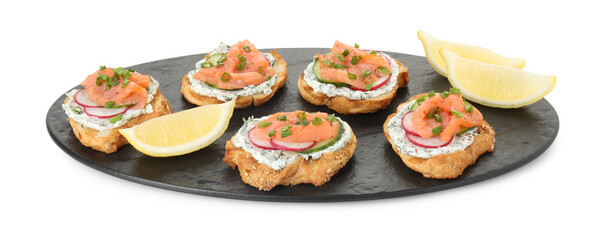 Tasty canapes with salmon, cucumber, radish and cream cheese isolated on white