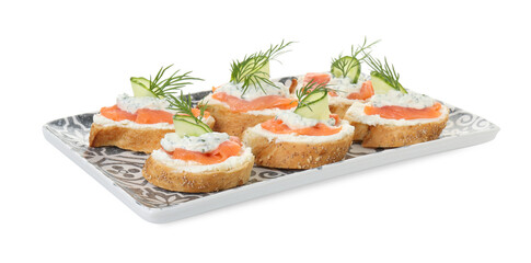 Tasty canapes with salmon, cucumber, cream cheese and dill isolated on white