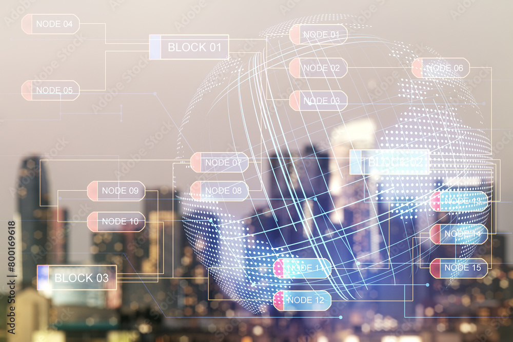 Poster abstract virtual coding illustration and world map on blurry skyscrapers background, international s