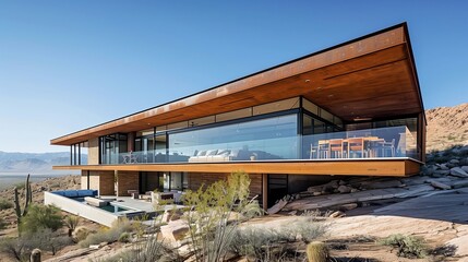 Modernist desert home with a cantilevered design and expansive desert vistas