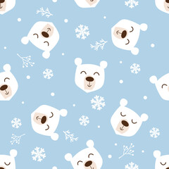 Seamless pattern with cute bear cartoon on winter background vector.
