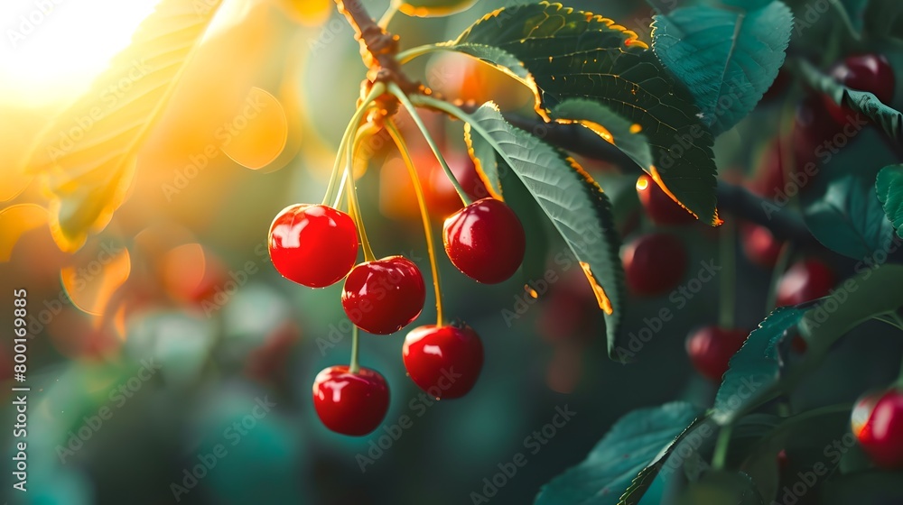 Canvas Prints Ripe Red Cherries Gleaming in Sunlight on Lush Tree. Fresh Summer Fruit Concept. Vibrant Orchard Scenery. Harvest Time. Nature's Bounty Display. AI