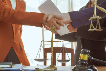 Shaking hands, A group of lawyers and clients engage in a professional meeting at a law office,...