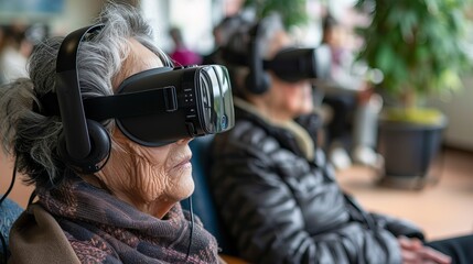 Face of elderly retired woman on the chair using VR glasses happy. Virtual reality experience. - obrazy, fototapety, plakaty