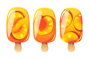 Peach ice cream, fruit popsicle on a wooden stick with pieces of peaches. Summer cold dessert, frozen juice, fruit ice. Vector illustration.