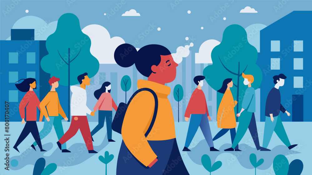 Poster a person taking mindful breaths while navigating through a crowded sidewalk during rush hour..