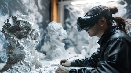 Engaging image of an artist creating virtual reality art through Neuralink, exploring the boundaries of creativity and tech