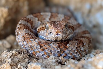 Fototapeta premium Western Diamondback Rattlesnake: Coiled in a defensive posture, rattling its tail, emphasizing danger. 