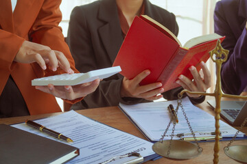 A group of lawyers and clients engage in a professional meeting at a law office, discussing...