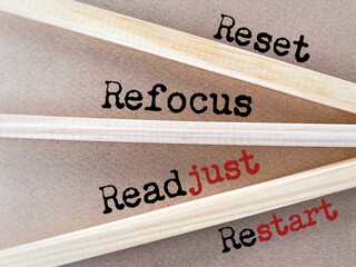 Reset readjust refocus restart text background. Stock photo