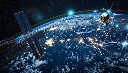 Communication technology with global internet network connected in Europe. Telecommunication and data transfer european connection links. IoT, finance, business, blockchain, security.