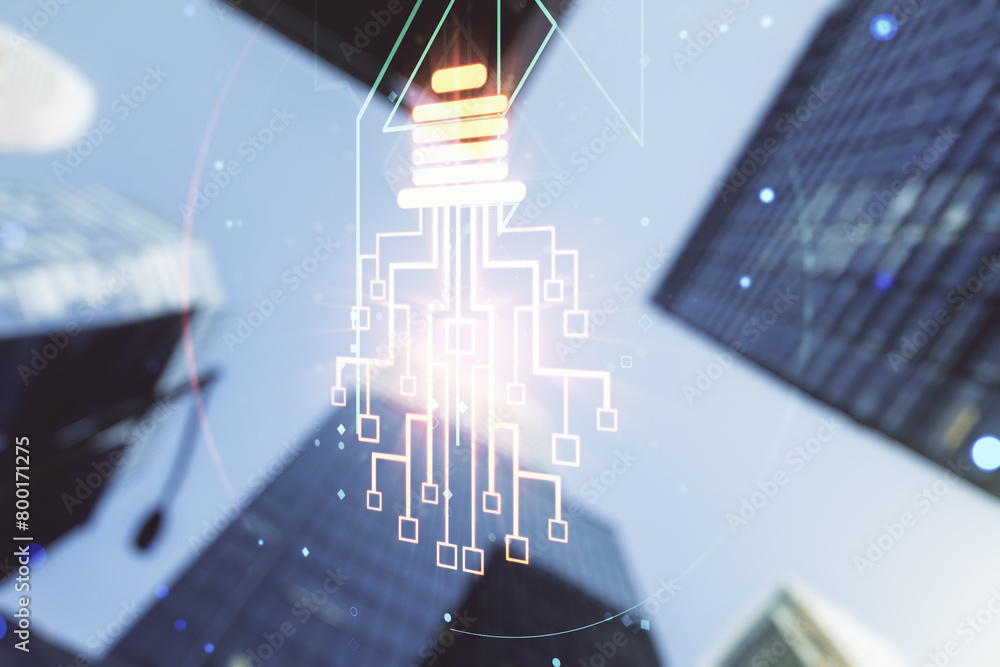 Poster virtual creative light bulb with chip hologram on blurry cityscape background, artificial intelligen