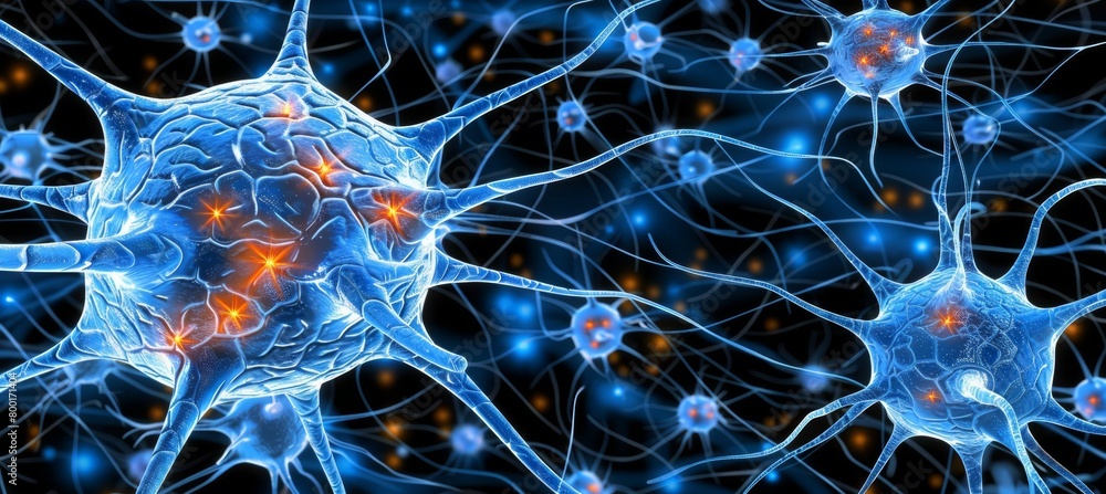 Poster detailed 3d microbiology render of intricate nerve cells background with ample space for text