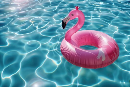 inflatable pink flamingo lilo in swimming pool with rippling water