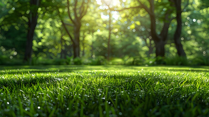 Green lawn and trees background with copyspace, nature background concept.