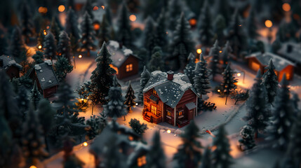 a cabin on a red roof in the distance. a dense forest. Small homes with Christmas lights. a cabin with snow on a far-sighted roof.