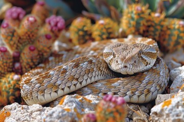 Western Diamondback Rattlesnake: Coiled in a defensive posture, rattling its tail, emphasizing danger. 