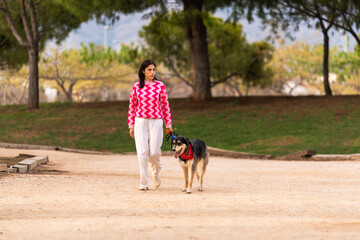 Naklejka na ściany i meble A woman in a vibrant zigzag sweater and white pants enjoys a leisurely walk with her dog in a park adorned with spring blooms.