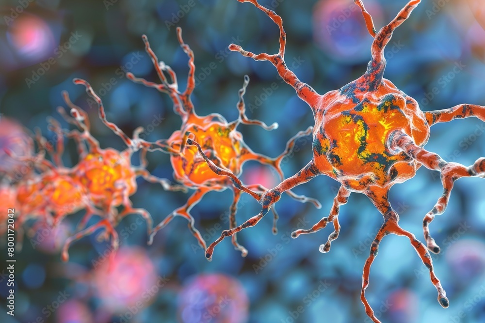 Poster captivating 3d microbiology visualization of neurons intricate nerve cell network with copy space