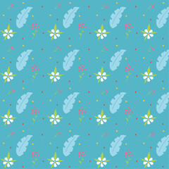 Seamless patttern with white, pink flowers, blue, green leaves  for wrapping, holidays, packaging, wallpapers, notebooks, fabrics