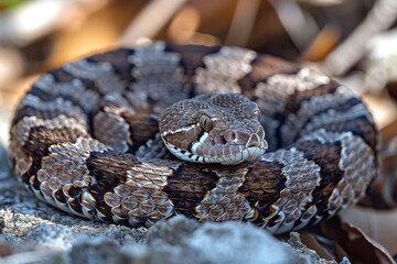 Obraz premium Western Diamondback Rattlesnake: Coiled in a defensive posture, rattling its tail, emphasizing danger. 