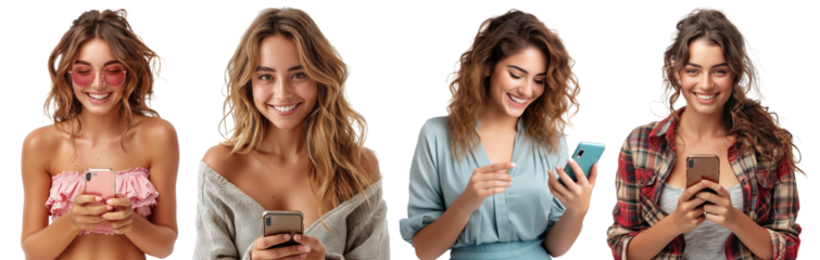 Set of happy young women using cell phones, cut out