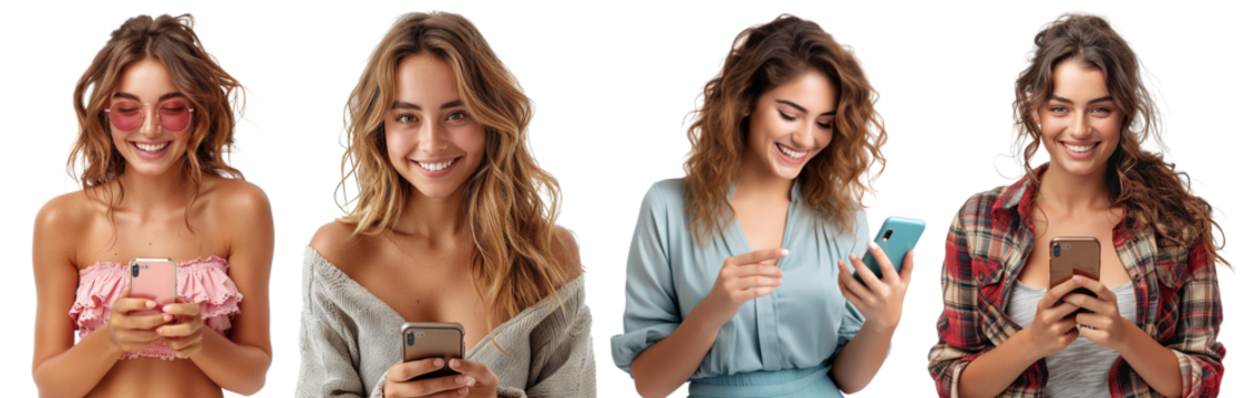 Set of happy young women using cell phones, cut out
