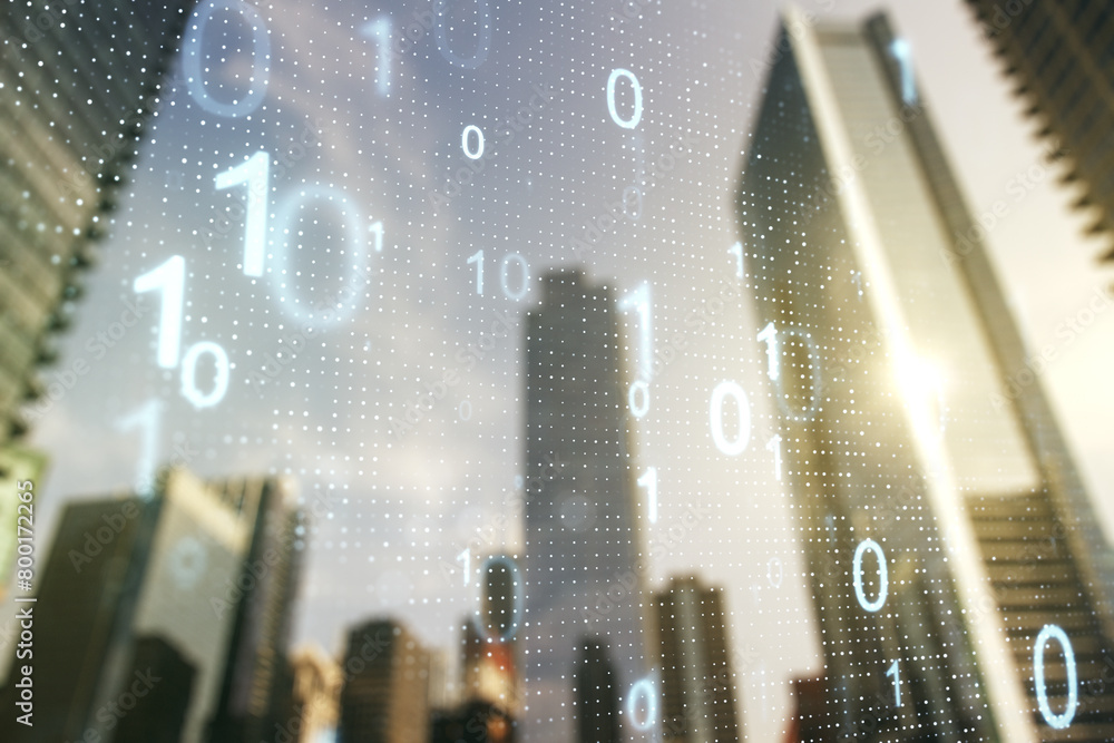 Aufkleber Abstract virtual binary code hologram on modern architecture background, AI and machine learning concept. Multiexposure