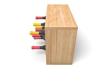 Side view of wine rack with colorful bottle tops