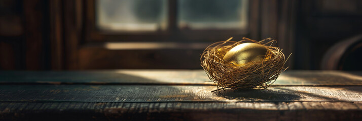 An illuminating golden egg dominates the frame, set on a rustic table against a soft light, embodying aspiration