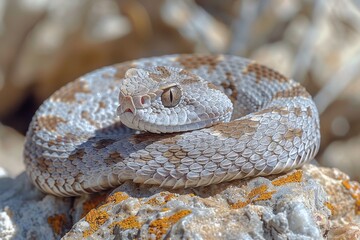 Fototapeta premium Western Diamondback Rattlesnake: Coiled in a defensive posture, rattling its tail, emphasizing danger. 